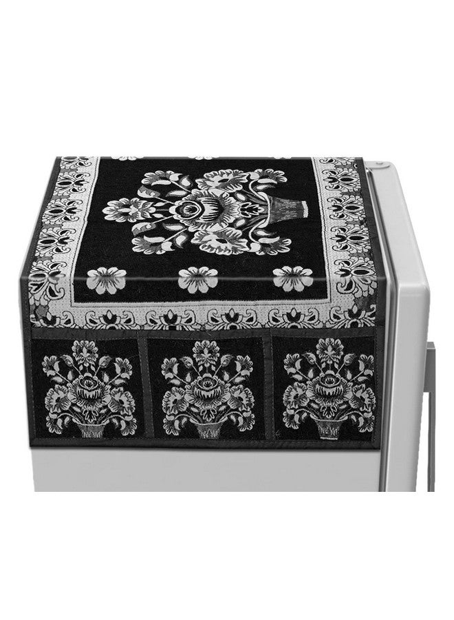 Kuber Industries Kuber Industries Flower Pot Print Fridge Cover With Side Pockets|Fridge Top Cover|Refrigerator Cover|Washable Cotton Material|6 Utility Pockets (Black)  - Image 3