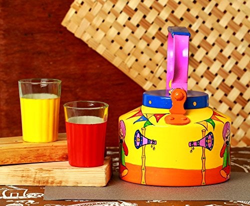 A Krazy Mug Handmade Colourful Dcorative Traditional Punjabi Couple Theme Design Desi Tea Chai Aluminium Kettle with Matching Print Glass Set 125 L - Image 4