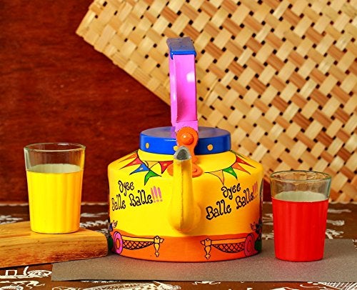 A Krazy Mug Handmade Colourful Dcorative Traditional Punjabi Couple Theme Design Desi Tea Chai Aluminium Kettle with Matching Print Glass Set 125 L - Image 3
