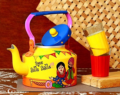 A Krazy Mug Handmade Colourful Dcorative Traditional Punjabi Couple Theme Design Desi Tea Chai Aluminium Kettle with Matching Print Glass Set 125 L - Image 5