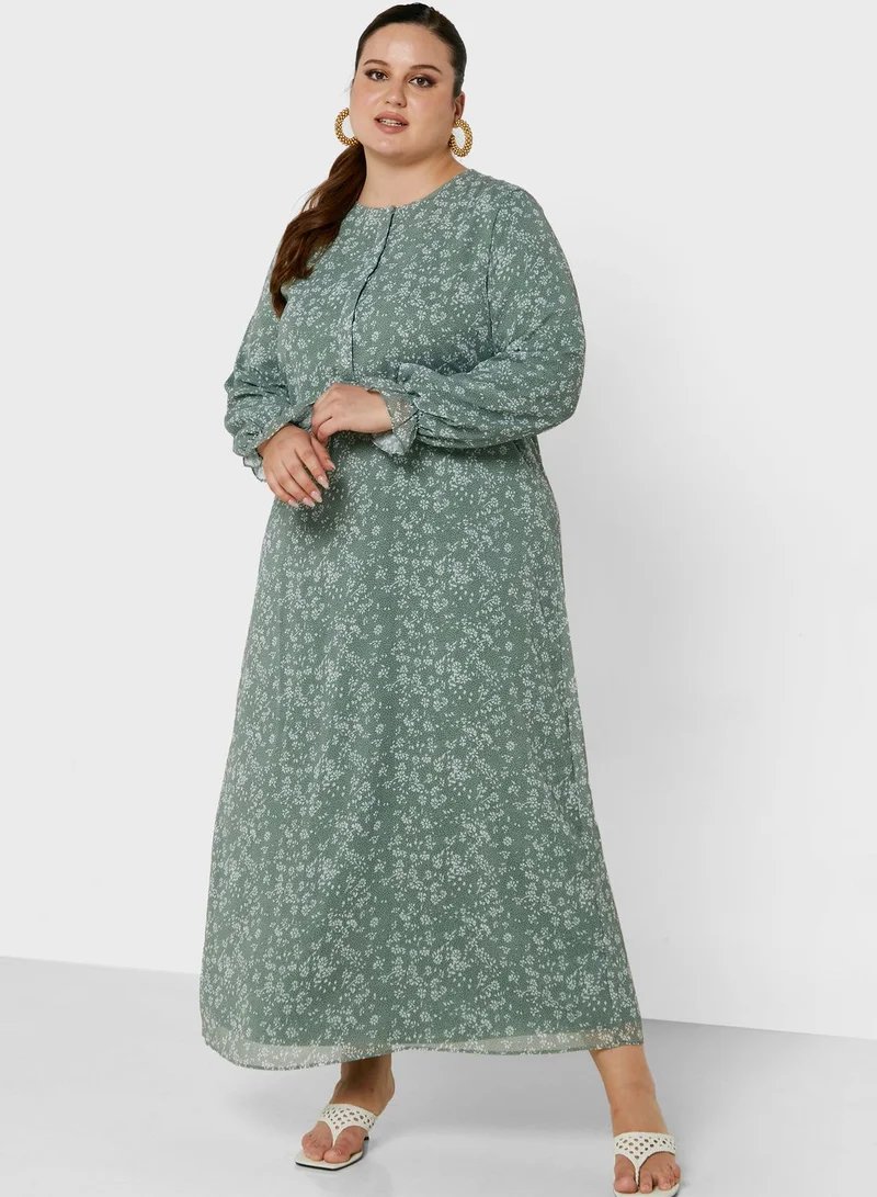 Alia by modanisa Balloon Sleeve Floral Print Dress