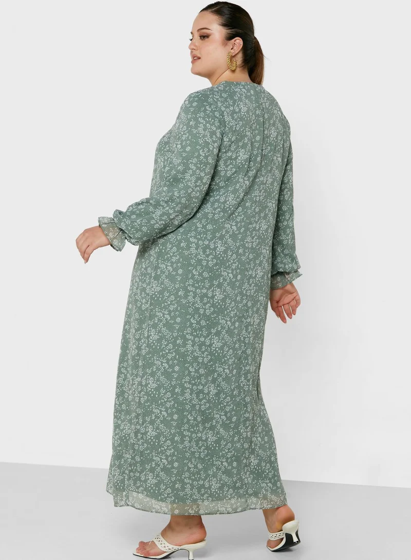 Alia by modanisa Balloon Sleeve Floral Print Dress