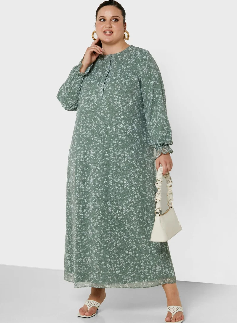 Alia by modanisa Balloon Sleeve Floral Print Dress