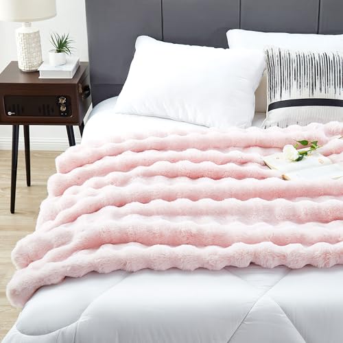 DREAMNINE Decorative Soft Thick Fuzzy Bubble Faux Rabbit Fur Throw Blanket for Couch Sofa, Reversible Plush Warm Fluffy Blankets for Winter, Luxury Cute Cozy Furry Fur Blanket for Bed, 50" x 60", Pink - Image 5
