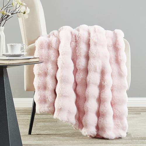 DREAMNINE Decorative Soft Thick Fuzzy Bubble Faux Rabbit Fur Throw Blanket for Couch Sofa, Reversible Plush Warm Fluffy Blankets for Winter, Luxury Cute Cozy Furry Fur Blanket for Bed, 50" x 60", Pink - Image 2