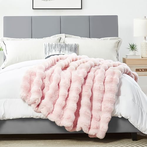 DREAMNINE Decorative Soft Thick Fuzzy Bubble Faux Rabbit Fur Throw Blanket for Couch Sofa, Reversible Plush Warm Fluffy Blankets for Winter, Luxury Cute Cozy Furry Fur Blanket for Bed, 50" x 60", Pink - Image 3