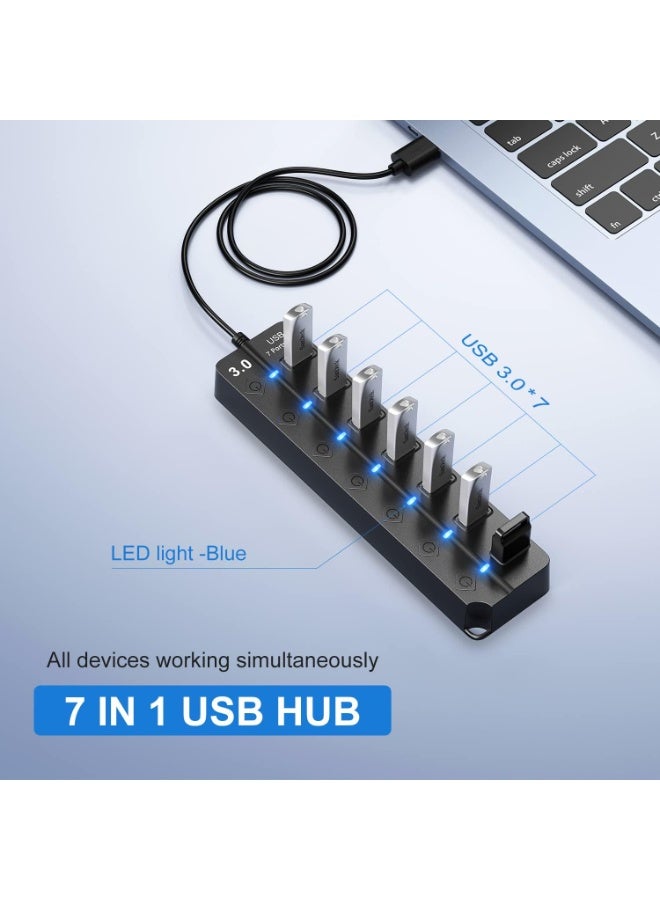 USB Hub 3.0, 7-Port USB Hub Splitter with Individual On/Off Switches and Lights, 3.2ft/1m Long Cable Compatible with MacBook, Laptop, Surface Pro, PS4, PC, Flash Drive, Mobile HDD - Image 2