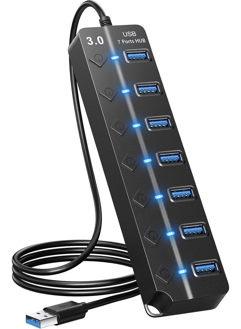 USB Hub 3.0, 7-Port USB Hub Splitter with Individual On/Off Switches and Lights, 3.2ft/1m Long Cable Compatible with MacBook, Laptop, Surface Pro, PS4, PC, Flash Drive, Mobile HDD - Image 1