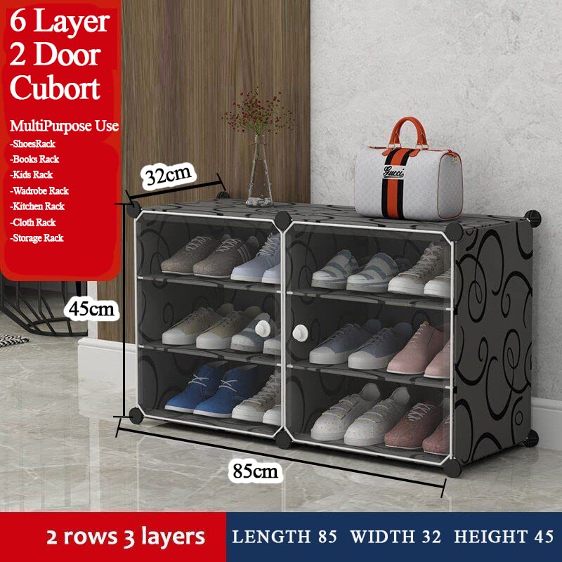 AYSIS 6 Shelf DIY Shoe Rack Box Organizer ^ Multi-Purpose Plastic Shoe Rack for Home, PP Plastic Home Rack with Door for Entryway, Chappal Slipper Shoe Stand【Black, 6-Shelf-2-Door】 - Image 2