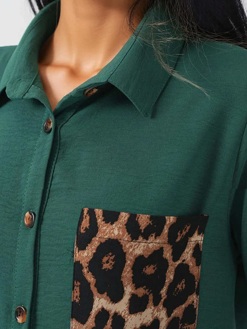 Big Dart Emerald Green BDART Long Sleeve Leopard Print Button-Up Shirt with Pocket for Women | Best Price UAE