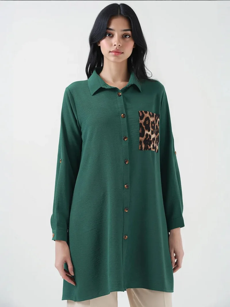 BDART Long Sleeve Leopard Print Button-Up Shirt with Pocket