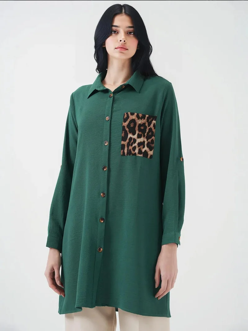 Big Dart Emerald Green BDART Long Sleeve Leopard Print Button-Up Shirt with Pocket for Women | Best Price UAE