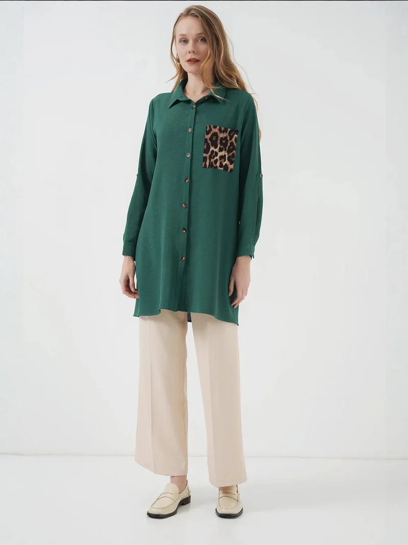 Big Dart Emerald Green BDART Long Sleeve Leopard Print Button-Up Shirt with Pocket for Women | Best Price UAE