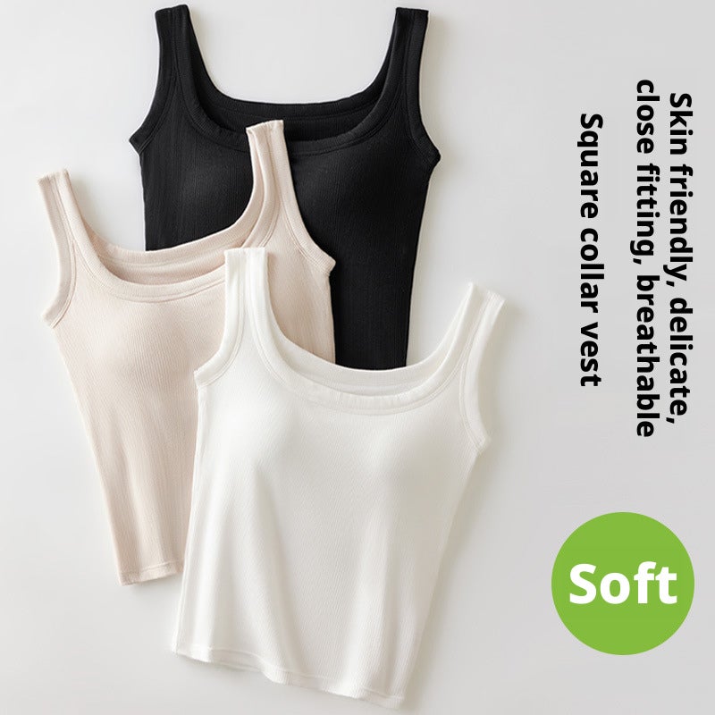 Women's Ribbed Square Neck Cami with Built-in Pads, Viscose, Slim Fit - Image 4