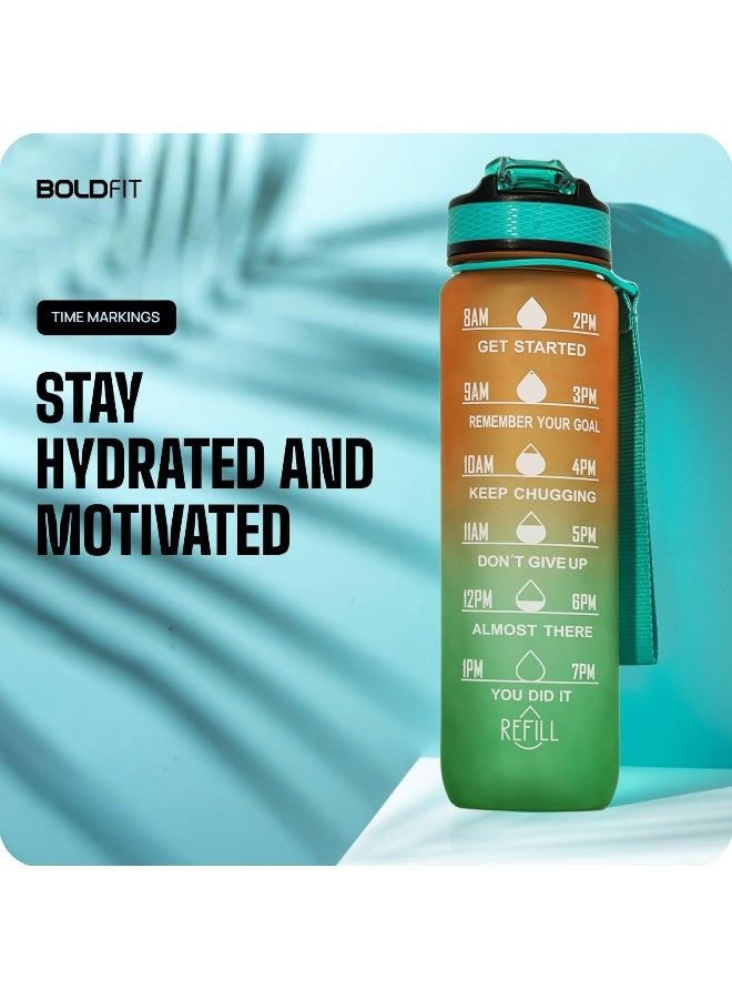 BOLDFIT 1 Litre Sipper Bottle for Adults, Kids, Unbreakable Motivational Water Bottle Time Mark Sipper with Straw-Time for Gym Office School Home Water Bottle- OmbreOG Plastic (Ombre Green Orange) - Image 2