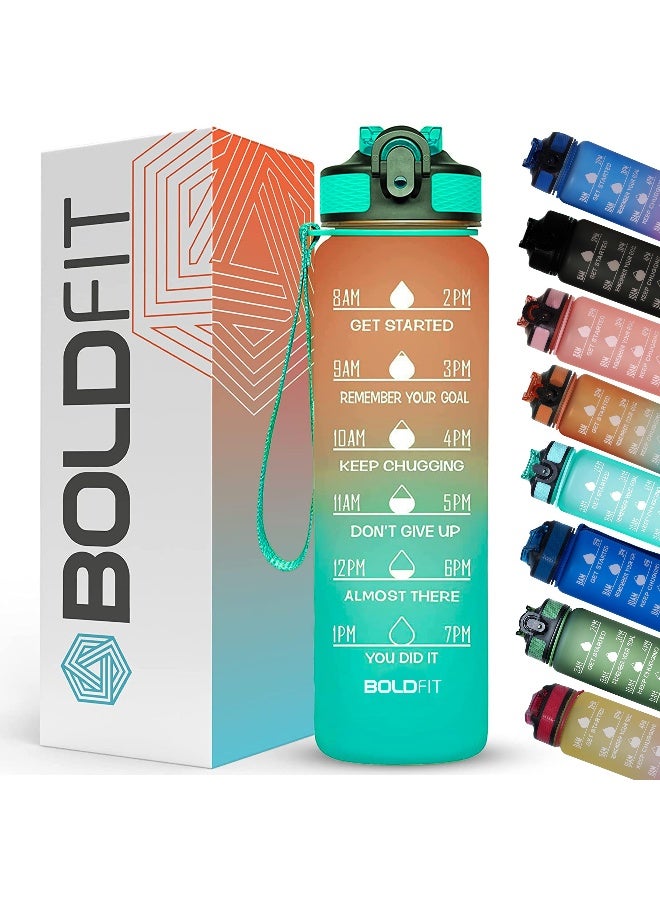 BOLDFIT 1 Litre Sipper Bottle for Adults, Kids, Unbreakable Motivational Water Bottle Time Mark Sipper with Straw-Time for Gym Office School Home Water Bottle- OmbreOG Plastic (Ombre Green Orange) - Image 1