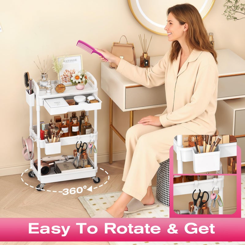 Goovilla Rolling Makeup Organizer Cart with Removable Drawer, 3 Tier Stable White Floor Skincare Storage Cart for Vanity, Cosmetic Display, Nail Polish, Perfume, Hair Stuff, Beauty, Bathroom(Plastic) - Image 5