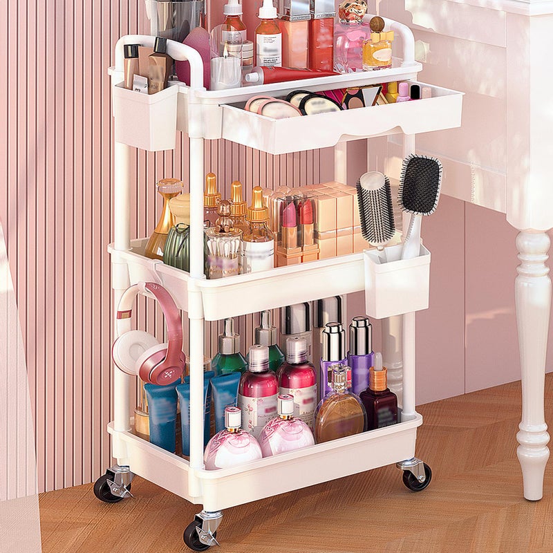 Goovilla Rolling Makeup Organizer Cart with Removable Drawer, 3 Tier Stable White Floor Skincare Storage Cart for Vanity, Cosmetic Display, Nail Polish, Perfume, Hair Stuff, Beauty, Bathroom(Plastic) - Image 1