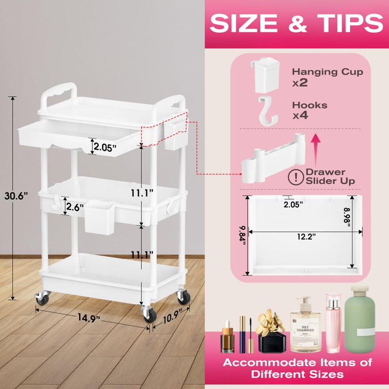 Goovilla Rolling Makeup Organizer Cart with Removable Drawer, 3 Tier Stable White Floor Skincare Storage Cart for Vanity, Cosmetic Display, Nail Polish, Perfume, Hair Stuff, Beauty, Bathroom(Plastic) - Image 2