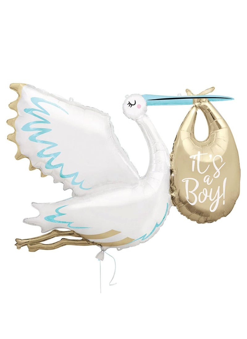 Unique It's a Boy Stork Balloon Blue Gold White Foil 157 cm - Image 1