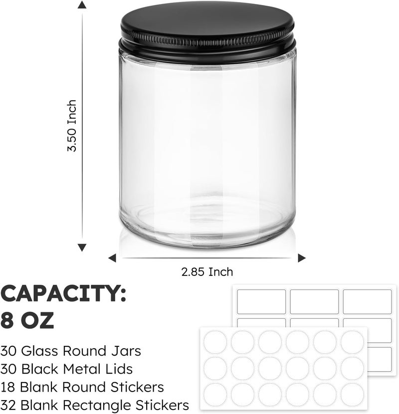 Tecohouse 8 oz Glass Jars with Lids, 30 Pack Cream Canning Mason Jars with Lids, White Labels & Inner Liners, Empty Airtight Round Clear Slime Containers for Spice, Lotion, Ointments - Image 3