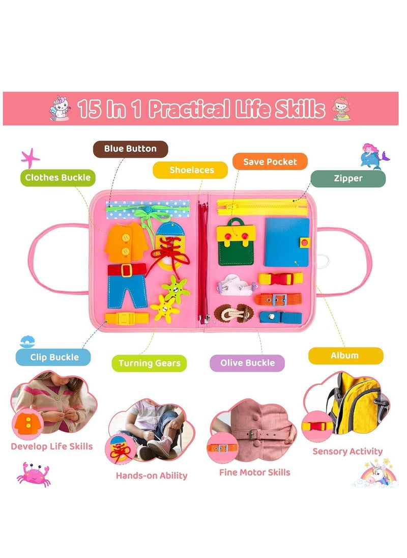 Yoawllty Busy Board for Toddlers,Sensory Activity Board for Preschool Learning, Quiet Book Montessori Toys with Zipper Removable Multiple Pages Toys(Pink,Unicorn)  - Image 2