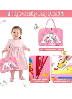 Yoawllty Busy Board for Toddlers,Sensory Activity Board for Preschool Learning, Quiet Book Montessori Toys with Zipper Removable Multiple Pages Toys(Pink,Unicorn)  - Image 4