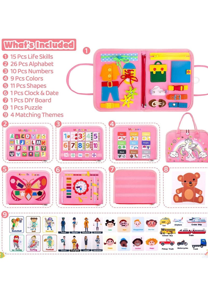 Yoawllty - Busy Board for Toddlers,Sensory Activity Board for Preschool Learning, Quiet Book Montessori Toys with Zipper Removable Multiple Pages Toys(Pink,Unicorn) - Image 1