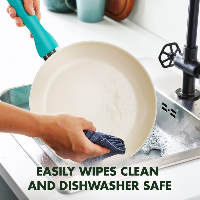 Greenpan مجموعة مقالي قلي خالية من المواد الكيميائية غير اللاصقة 8" و 10" من جرين بان ريو، آمنة في غسالة الصحون، تركواز - Image 5