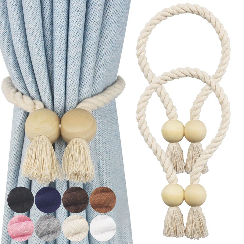 Nieffeiy 2 Pack Magnetic Curtain Tiebacks Cotton Hand Woven Tie Back Decorative Rope Holdbacks for Curtains Draperies No Tools Required Beige