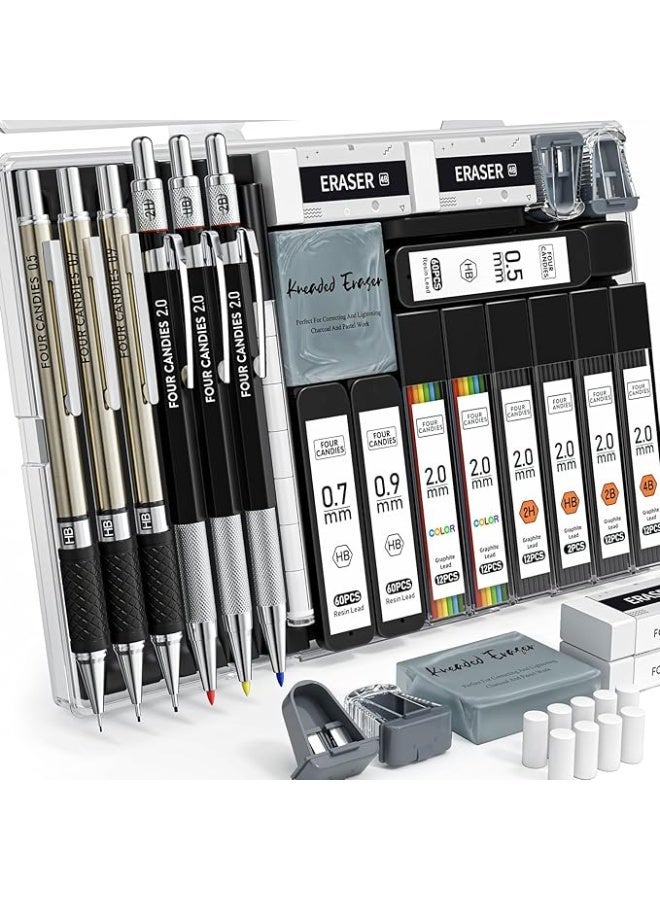 Four Candies 25PCS Art Mechanical Pencil Set with Case, 3PCS Metal Artist Lead Pencil 0.5, 0.7, 0.9 mm &3PCS 2mm Lead Holder(HB 2H 2B 4B Color) with 432PCS Graphite Lead Refills for Drawing Sketching - Image 1