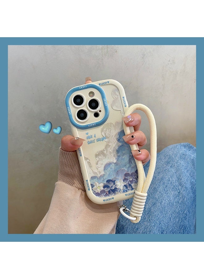 NIBEMINENT Protective TPU Case Cover For iPhone 15, Oil Painting Waves And Purple Flowers single Shell With Hanging Cord