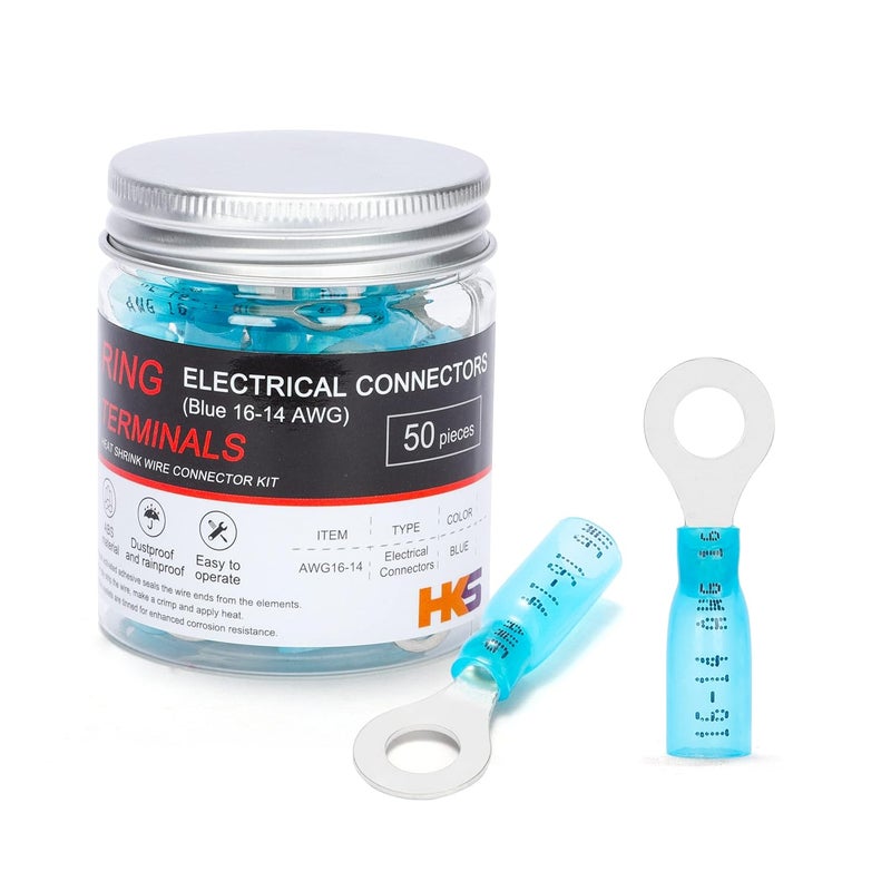 HK-S 50 PCS Ring Terminals 1/4" Blue 16-14 AWG - M6 - Electrical Connectors - Heat Shrink Wire Connector Kit - Tinned Red Copper - Automotive Marine Ring Connectors - Waterproof and Insulated - Image 1