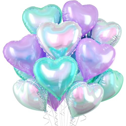 Biapian Iridescent Heart Balloons 10 Pcs Crystal Heart Shaped Balloon 18 Inch Transparent Gradient Blue Purple Foil Balloons for Engagement Brithday Baby Shower Wedding Valentines Mermaid Party Decoration - Image 1