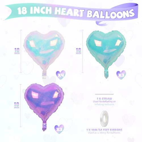 Biapian Iridescent Heart Balloons 10 Pcs Crystal Heart Shaped Balloon 18 Inch Transparent Gradient Blue Purple Foil Balloons for Engagement Brithday Baby Shower Wedding Valentines Mermaid Party Decoration - Image 5