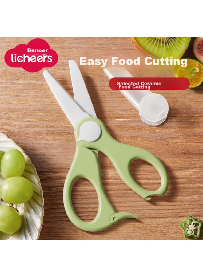 Licheers مقص طعام الأطفال السيراميكي من ليشيرز، مناسب للطعام، أداة قطع طعام محمولة للأطفال مع صندوق تخزين، أخضر - Image 1