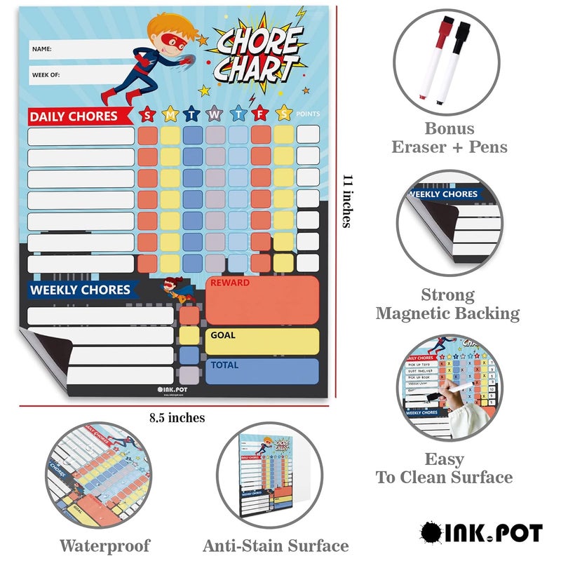 Inkdotpot Magnetic Dry Erase Weekly/Daily Chore Chart for Kids - Schedule Board, Reward and Good Behavior Chart With 2 Markers (Superhero) - Image 3