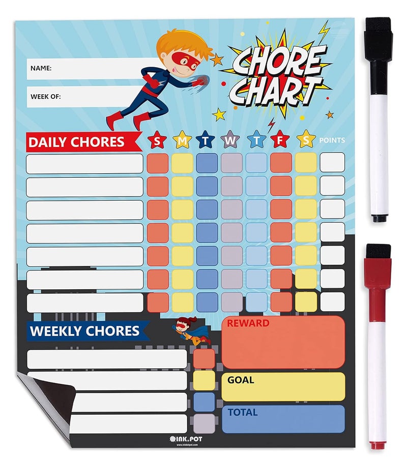 Inkdotpot Magnetic Dry Erase Weekly/Daily Chore Chart for Kids - Schedule Board, Reward and Good Behavior Chart With 2 Markers (Superhero) - Image 1