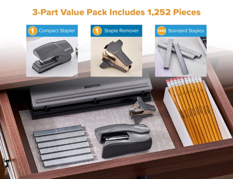 Bostitch Office Heavy Duty 40 Sheet Stapler with 1250 Staples & Claw Remover, Small Stapler Size, Fits into The Palm of Your Hand, Value Pack, Gray (B175-GRAY-VP) - Image 2