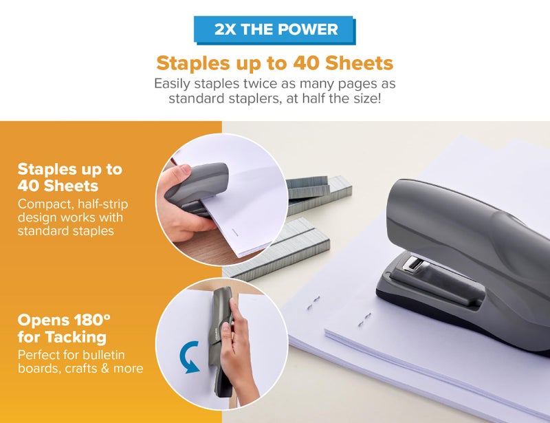 Bostitch Office Heavy Duty 40 Sheet Stapler with 1250 Staples & Claw Remover, Small Stapler Size, Fits into The Palm of Your Hand, Value Pack, Gray (B175-GRAY-VP) - Image 3