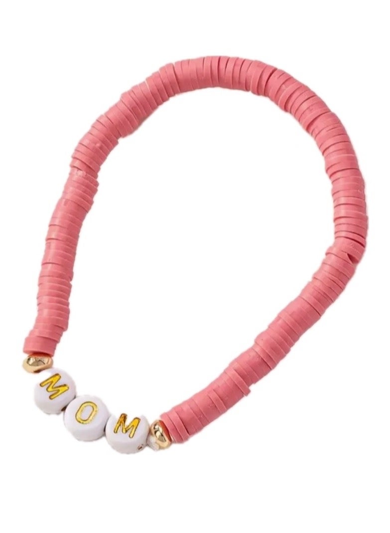 Happy Birthday Mother's Gift Elegant Polymer Clay MOM Beaded Bracelet Present Surprise, Gold Letter Charms Beige Pink White Stones Fashion Accessories for Mum to be, Best Mom, Pink Color - Image 1