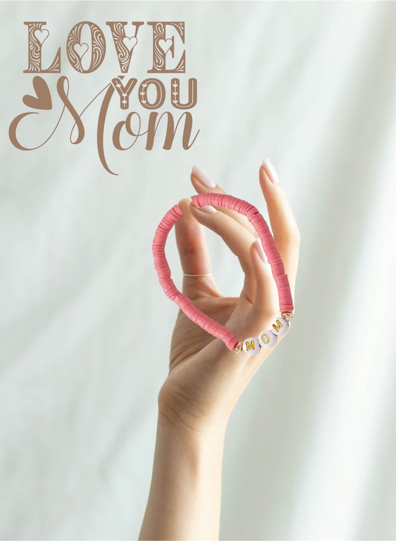 Happy Birthday Mother's Gift Elegant Polymer Clay MOM Beaded Bracelet Present Surprise, Gold Letter Charms Beige Pink White Stones Fashion Accessories for Mum to be, Best Mom, Pink Color - Image 2