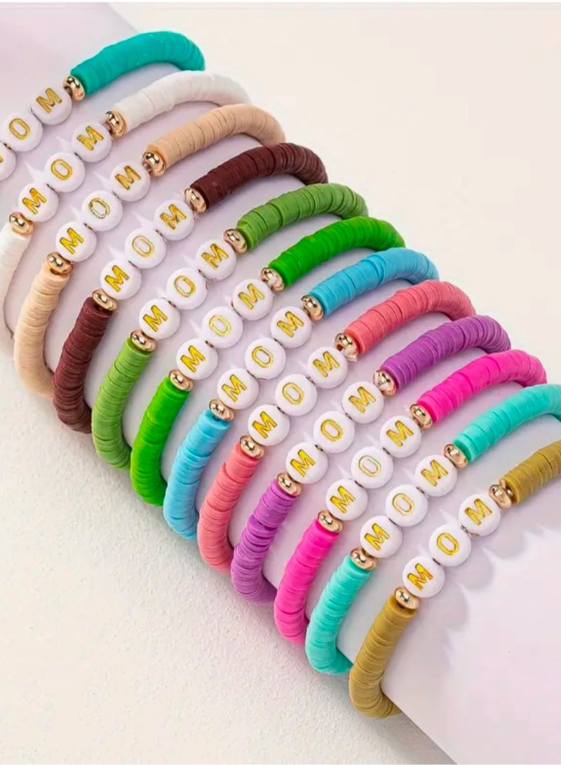 Happy Birthday Mother's Gift Elegant Polymer Clay MOM Beaded Bracelet Present Surprise, Gold Letter Charms Beige Pink White Stones Fashion Accessories for Mum to be, Best Mom, Pink Color - Image 4