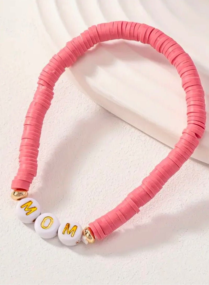 Happy Birthday Mother's Gift Elegant Polymer Clay MOM Beaded Bracelet Present Surprise, Gold Letter Charms Beige Pink White Stones Fashion Accessories for Mum to be, Best Mom, Pink Color - Image 5