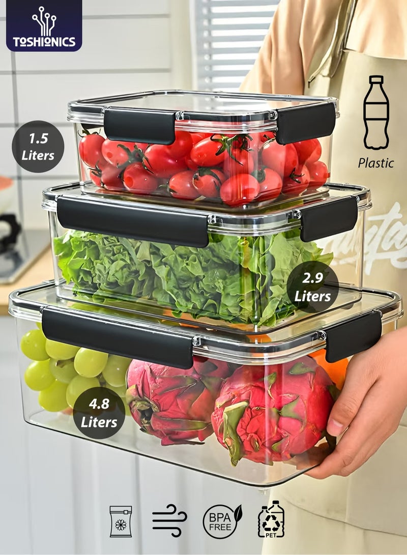 توشيونيكس مجموعة من 3 حاويات تخزين طعام محكمة الإغلاق (1.5 لتر، 2.9 لتر، 4.8 لتر) | حاويات طعام بلاستيكية خالية من مادة BPA بأغطية قابلة للقفل | مانعة للتسرب، قابلة للتكديس، وآمنة للاستخدام في المجمد، مناسبة للثلاجة والمخزن وتجهيز الوجبات. - Image 1