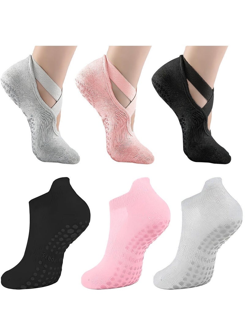Bernessi 6 Pairs Non-Slip Yoga Socks Set For Women 2 Designed 3 Colors, Barre Elastic Workout Pilates Yoga Socks For Yoga Sports Gym Home Barefoot Exercises Dance Ballet - Image 1