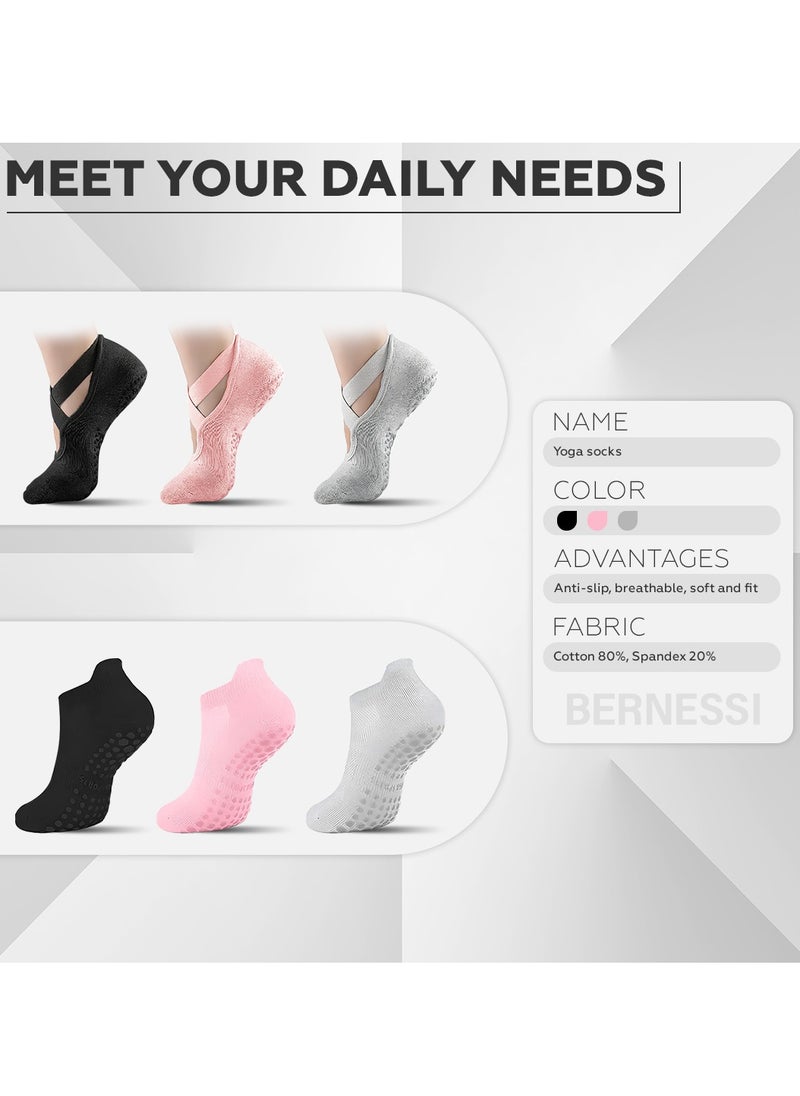 Bernessi 6 Pairs Non-Slip Yoga Socks Set For Women 2 Designed 3 Colors, Barre Elastic Workout Pilates Yoga Socks For Yoga Sports Gym Home Barefoot Exercises Dance Ballet  - Image 4