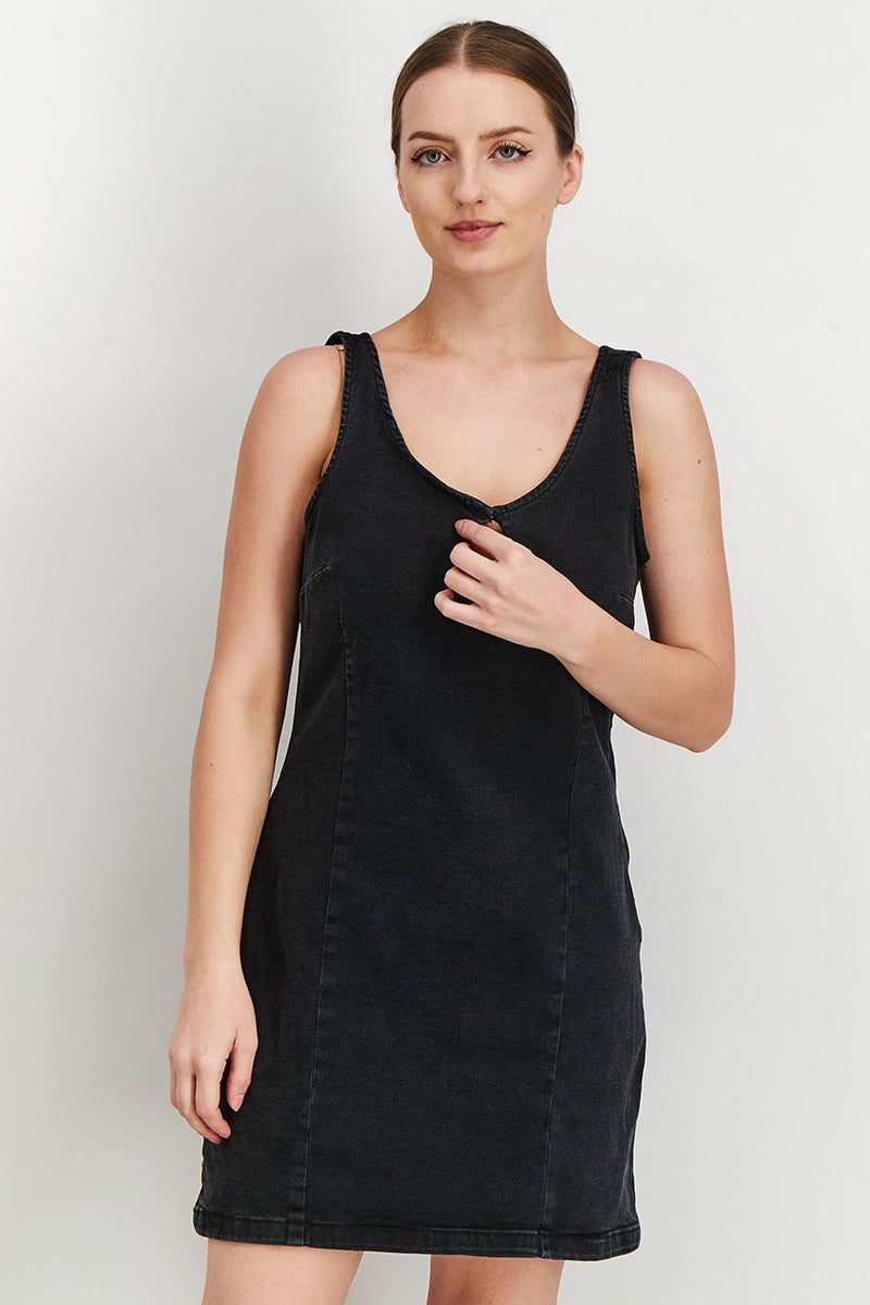 Reserved Women Sleeveless Denim Mini Dress, Faded Black - Image 1