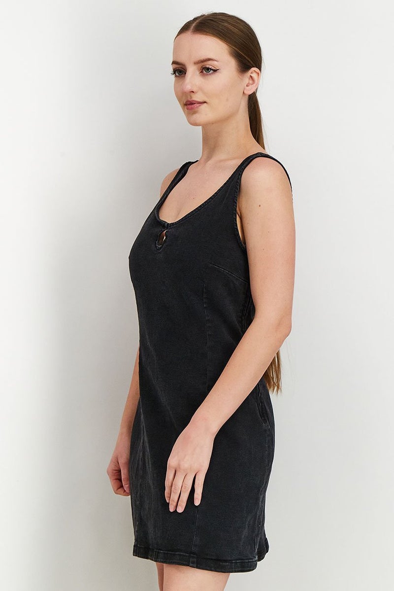 Reserved Women Sleeveless Denim Mini Dress, Faded Black - Image 2
