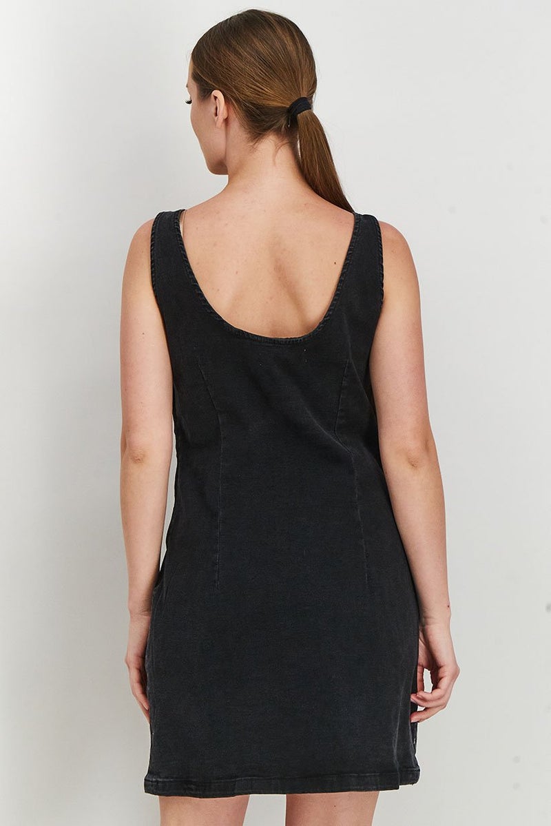 Reserved Women Sleeveless Denim Mini Dress, Faded Black - Image 4